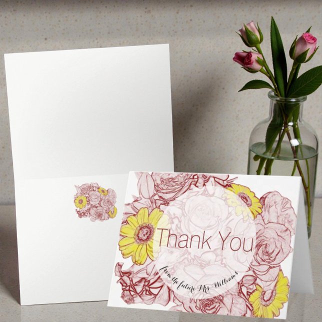 Floral Roses Daisies Terra  Cotta Outlined Bouquet Thank You Card (Flora front cover template note card and inside)