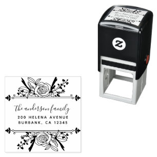 Floral Roses Family Name Return Address Self-inking Stamp
