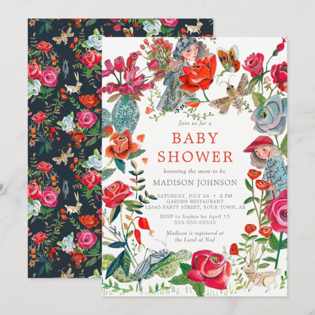 floral roses garden animals baby shower invitation (Front/Back)