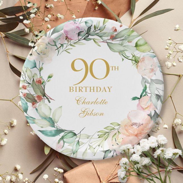 Floral Roses Garland 90th Birthday Paper Plate (Floral Roses Garland 90th Birthday Paper Plates)