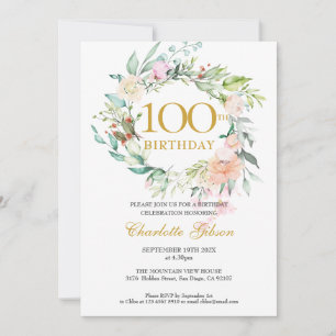Floral Roses Garland Monogram 100th Birthday Invitation