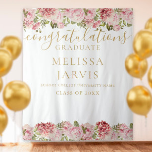 Floral Roses Gold Script Graduation Photo Backdrop Tapestry