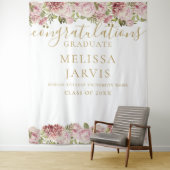 Floral Roses Gold Script Graduation Photo Backdrop Tapestry (In Situ)