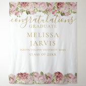 Floral Roses Gold Script Graduation Photo Backdrop Tapestry (Front)