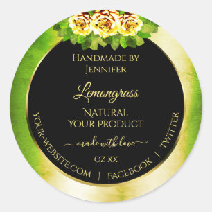 Floral Roses Green Marble Black Gold Product Label