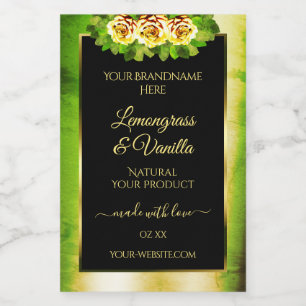 Floral Roses Green Marble Black Gold Product Label