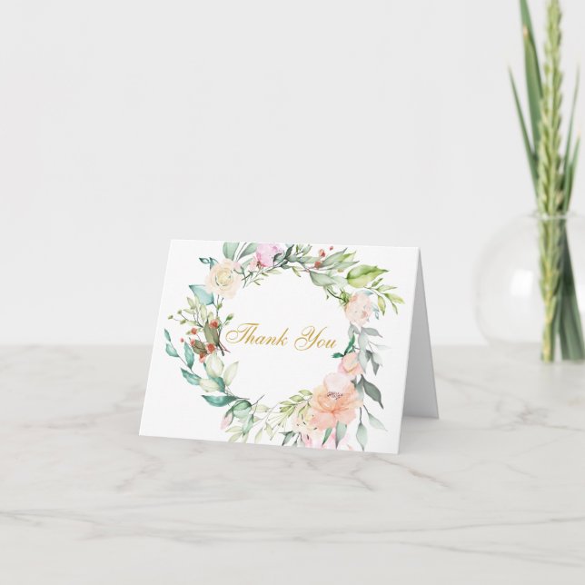 Floral Roses Greenery Gold Script Thank You Card (Front)