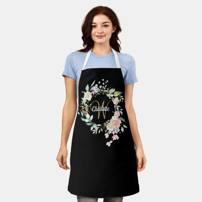 Floral Roses Monogram Black And Gold Apron (Worn)