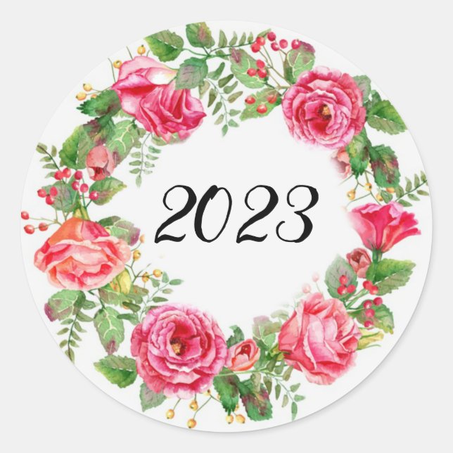 Floral roses  New Year wreath Classic Round Sticker (Front)