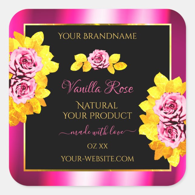 Floral Roses Pink Black Product Labels Gold Frame (Front)