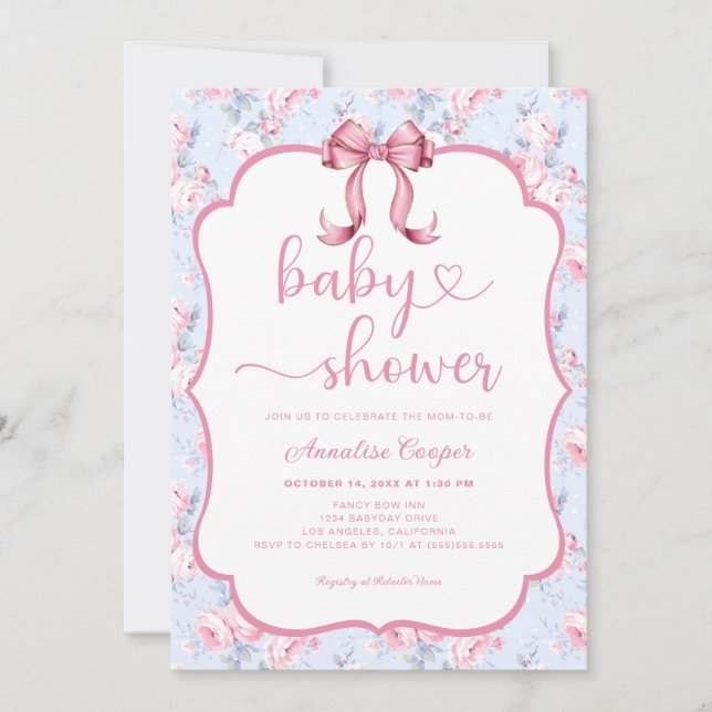 Floral Roses Pink Bow Baby Shower Invitation (Front)