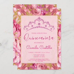 Floral Roses Pink Flowers Pattern Quinceanera Invitation