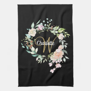 Floral Roses Script Monogram Gold Black Tea Towel