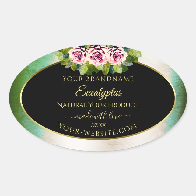 Floral Roses Teal Marble and Black Product Labels (Front)