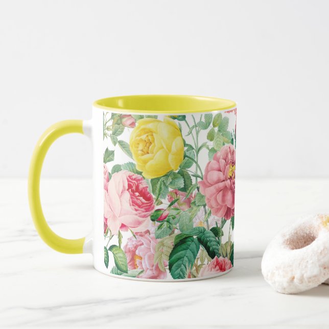 Floral Roses Vintage Spring Garden  Mug (With Donut)