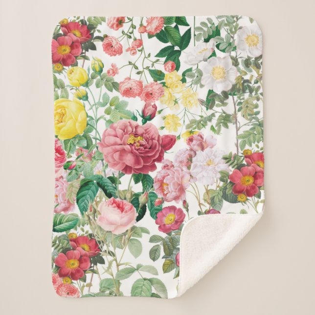 Floral Roses Vintage Spring Garden Sherpa Blanket (Front)