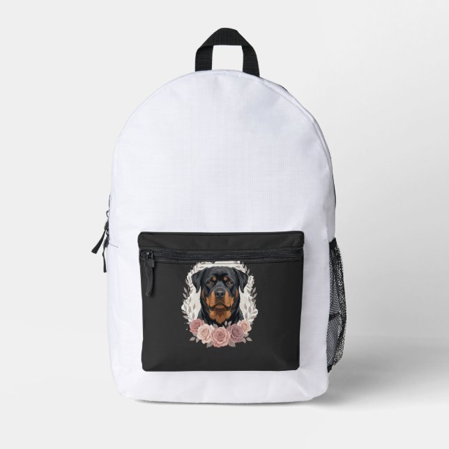 Floral Rottweiler Dog Portrait Sublimation Printed Backpack (Front)