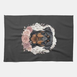 Floral Rottweiler Dog Portrait Sublimation Tea Towel