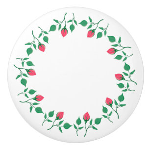 Floral round frame with pink rose flowers ceramic knob