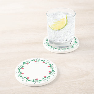 Floral round frame with pink rose flowers coaster
