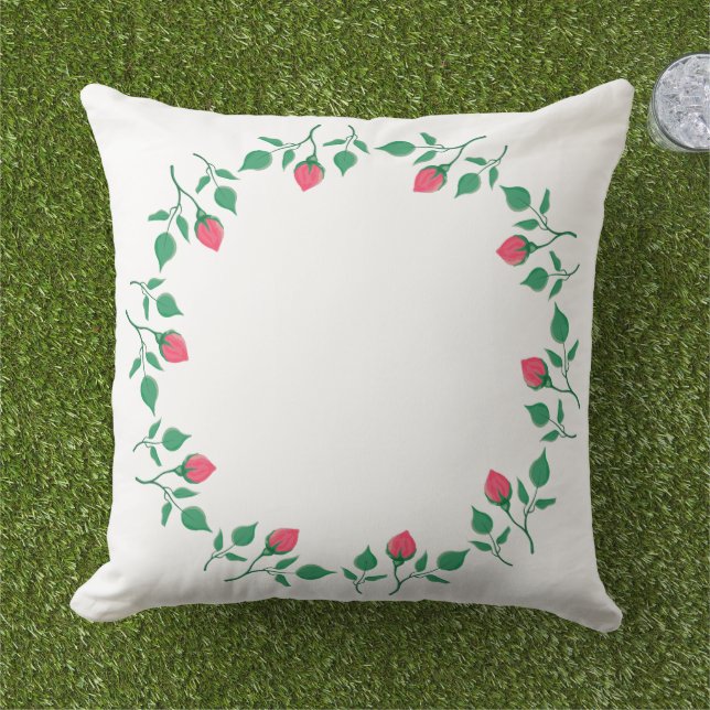 Floral round frame with pink rose flowers cushion (Grass)