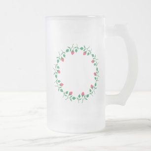 Floral round frame with pink rose flowers frosted glass beer mug