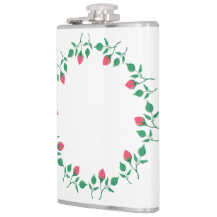Floral round frame with pink rose flowers hip flask