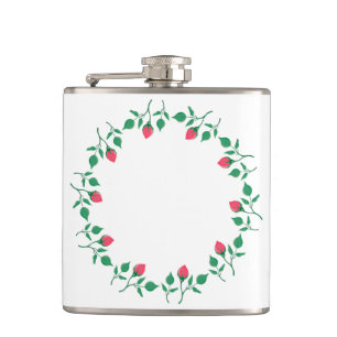 Floral round frame with pink rose flowers hip flask
