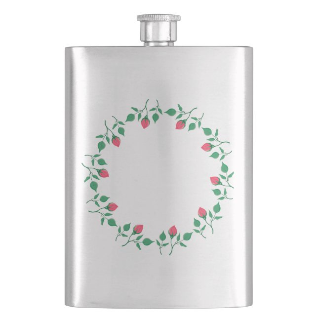 Floral round frame with pink rose flowers  hip flask (Front)