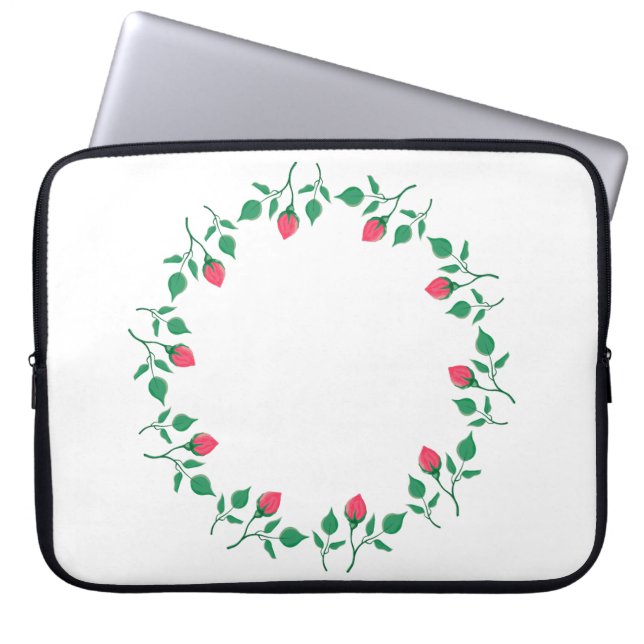 Floral round frame with pink rose flowers  laptop sleeve (Front)