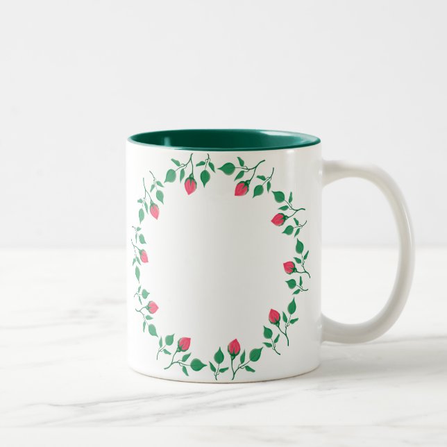 Floral round frame with pink rose flowers  Two-Tone coffee mug (Right)