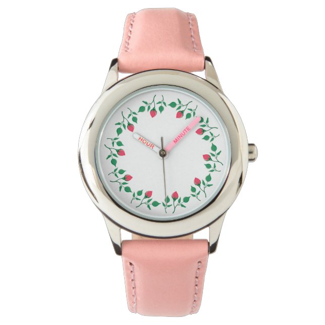 Floral round frame with pink rose flowers  watch (Front)