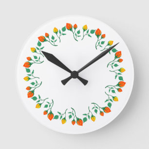 Floral round frame with yellow and red rose flower clock