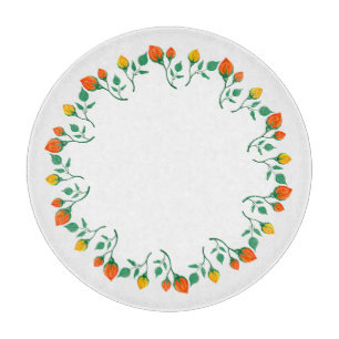 Floral round frame with yellow and red rose flower cutting board