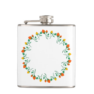 Floral round frame with yellow and red rose flower hip flask