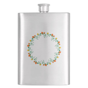 Floral round frame with yellow and red rose flower hip flask