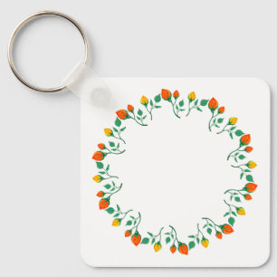 Floral round frame with yellow and red rose flower key ring