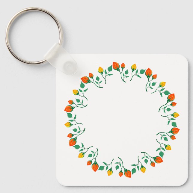 Floral round frame with yellow and red rose flower key ring (Front)