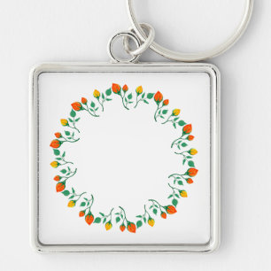 Floral round frame with yellow and red rose flower key ring