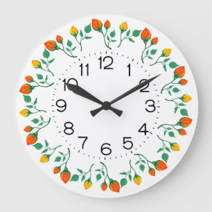 Floral round frame with yellow and red rose flower large clock