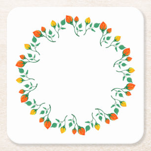 Floral round frame with yellow and red rose flower square paper coaster