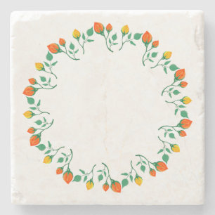 Floral round frame with yellow and red rose flower stone coaster
