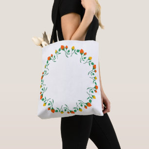 Floral round frame with yellow and red rose flower tote bag