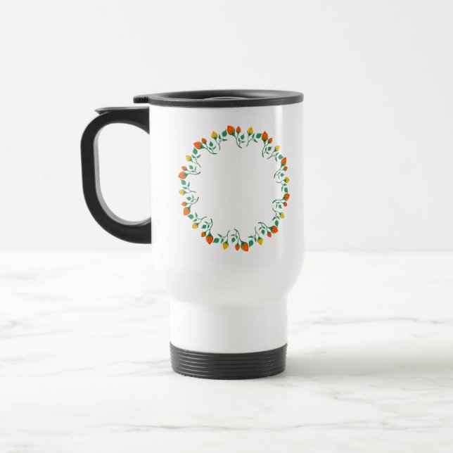 Floral round frame with yellow and red rose flower travel mug (Left)