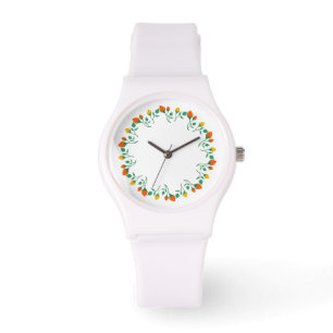 Floral round frame with yellow and red rose flower watch