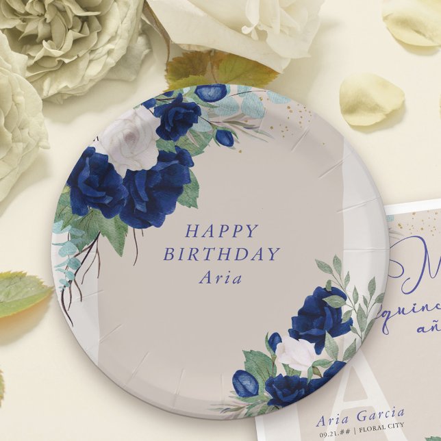 Floral Royal Blue and Ivory Roses Personalised Paper Plate (Personalized Birthday Party Plates with beautiful royal blue and ivory rose blooms)