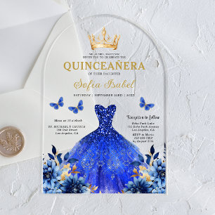Floral Royal Blue Butterfly Princess Quinceanera Acrylic Invitations
