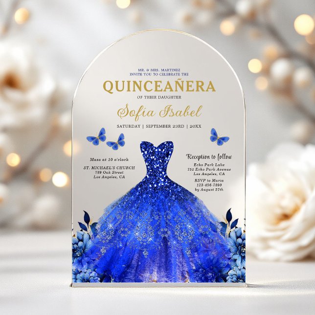 Floral Royal Blue Butterfly Princess Quinceanera Acrylic Invitations (Creator Uploaded)