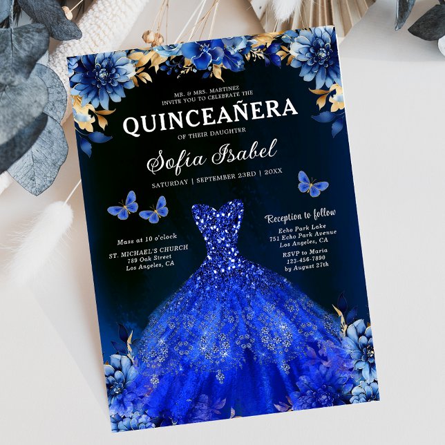 Floral Royal Blue Butterfly Princess Quinceanera Invitation (Creator Uploaded)