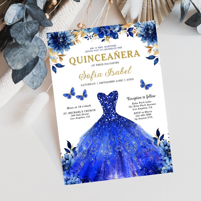 Floral Royal Blue Butterfly Princess Quinceanera Invitation (Creator Uploaded)